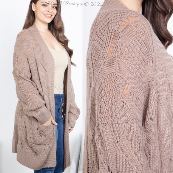 16) Last 1! Mocha Crochet Knit Plus Size Cardigan with Dual Pockets - Picture 2 of 3